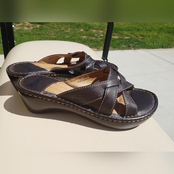 Born Shoes - BORN Brown Wedge Leather Slip On Slides Sandals Clogs Criss Cross  8
